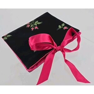 VTG Black&Pink Satin Lingerie Stockings Hosiery Bag Flowers Ann Seton Accordion